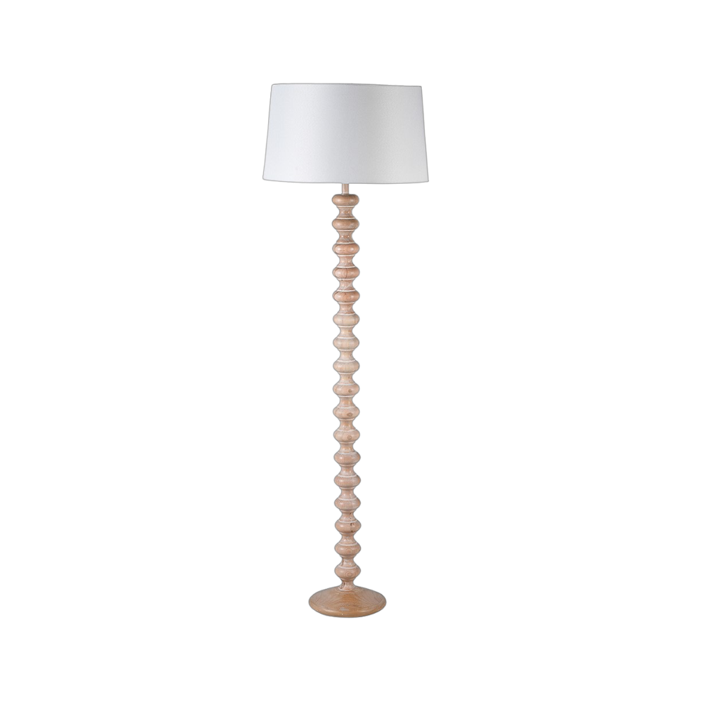 A stunning floor lamp in a beautiful turned pale wood complete with off white linen shade.