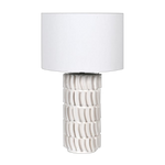 Crafted with white tiles that highlight its base, this lamp is finished with a sleek white shade.