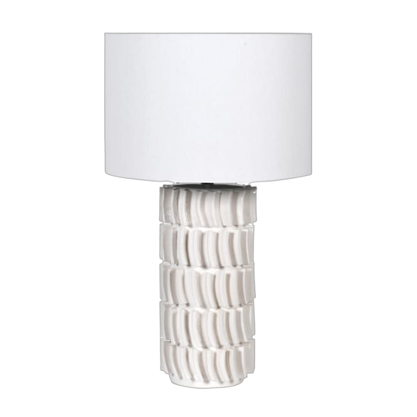 Crafted with white tiles that highlight its base, this lamp is finished with a sleek white shade.