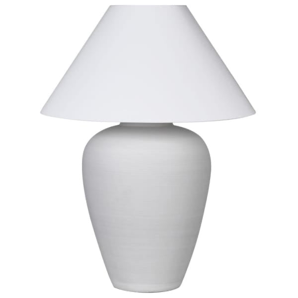 A stunning oversized very pale grey ceramic base with a large hat shade in white.