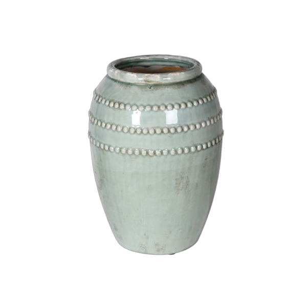 This stunning sage green vase features bobble detailing and a rustic finish. 