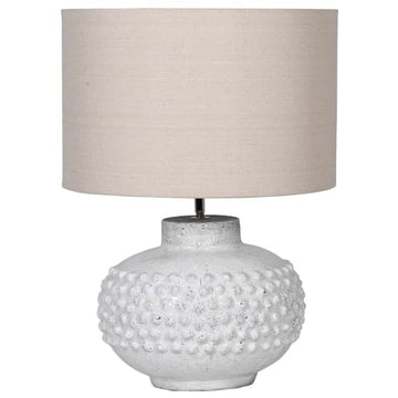 A fabulous statement crackle glazed ceramic lamp with bobble features with topped with a neutral shade.