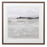 A beautiful wooden framed stunning watercolour print of a misty morning in the countryside